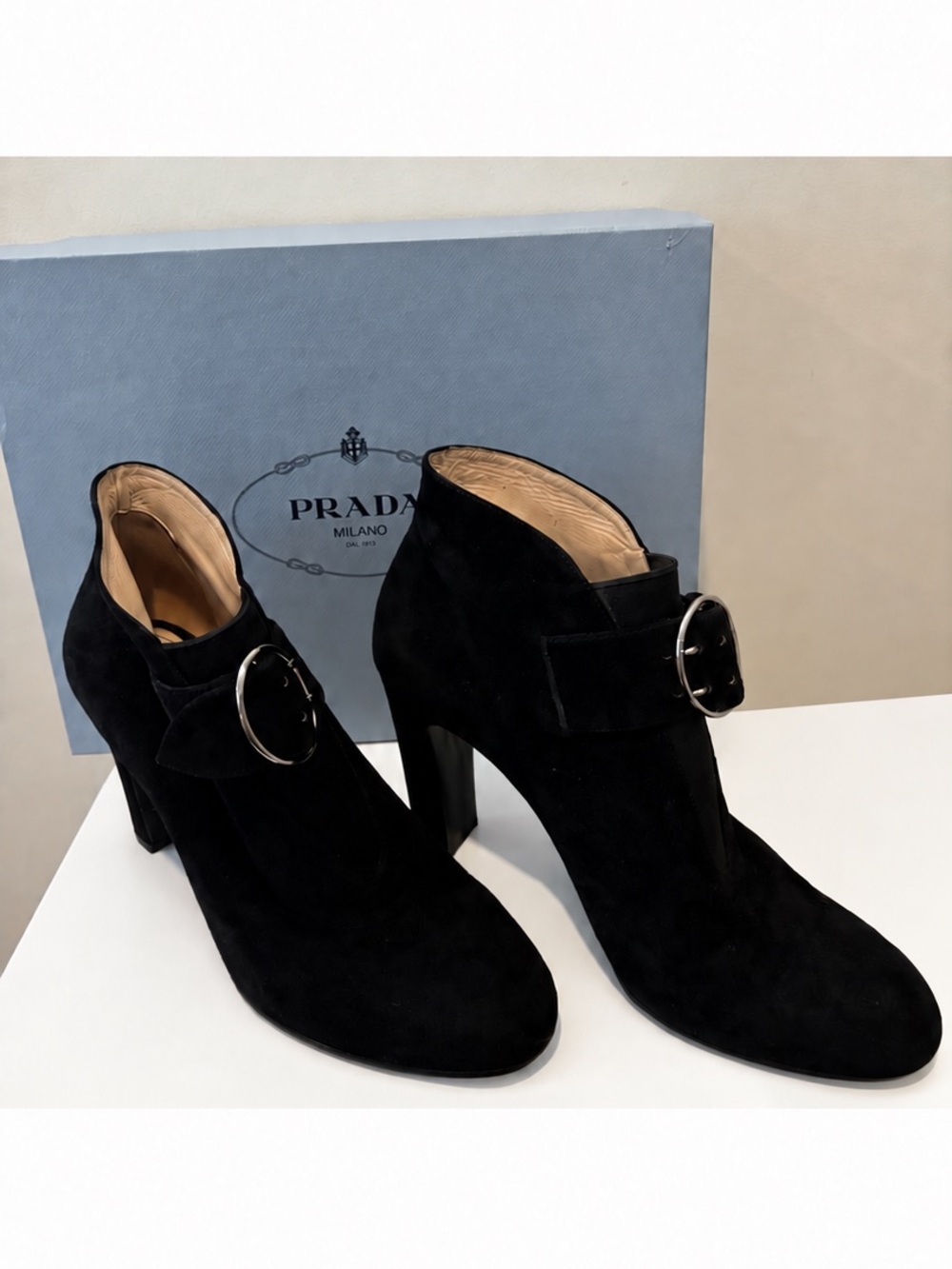Prada Black Suede Ankle Boots Oversized Silver Buckle Block Heel EU 38.5